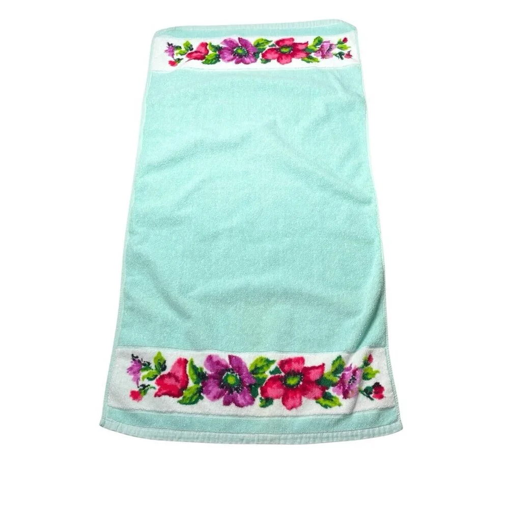 Vintage Teal Floral Hand Towel Indanthren Spring Flowers 18”x35”